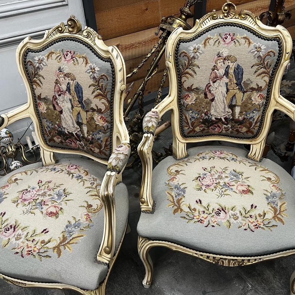 Pair louis xv sofas with needlepoint